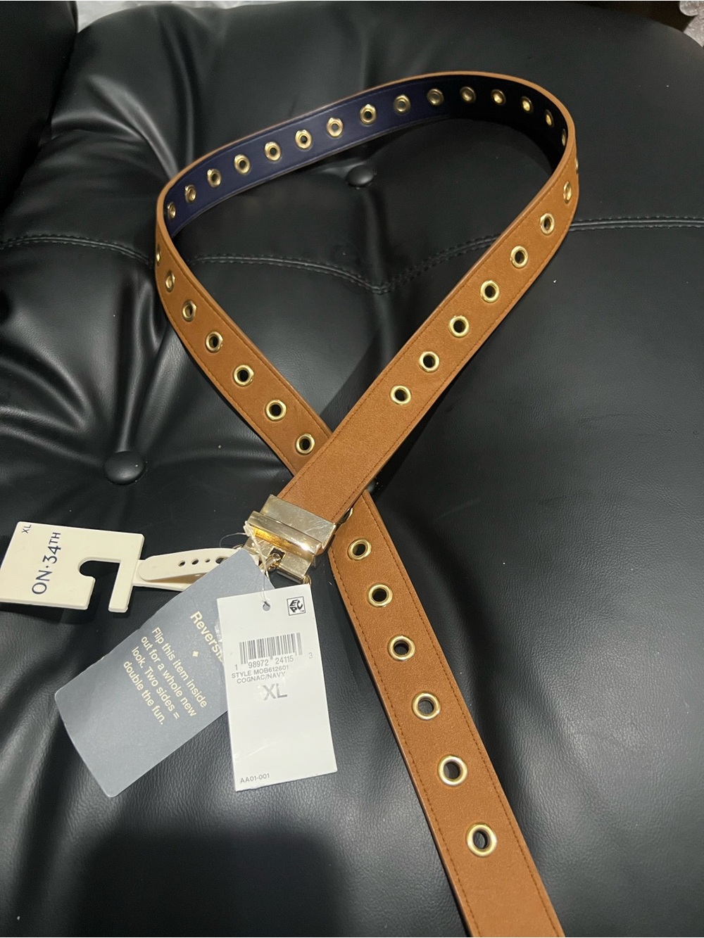 Tan and Navy Leather Eyelet Belt with Gold Buckle
